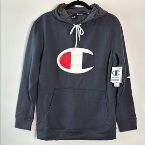Champion Men's Dark Blue Hoodie with Red and White Logo and Kangaroo Pocket